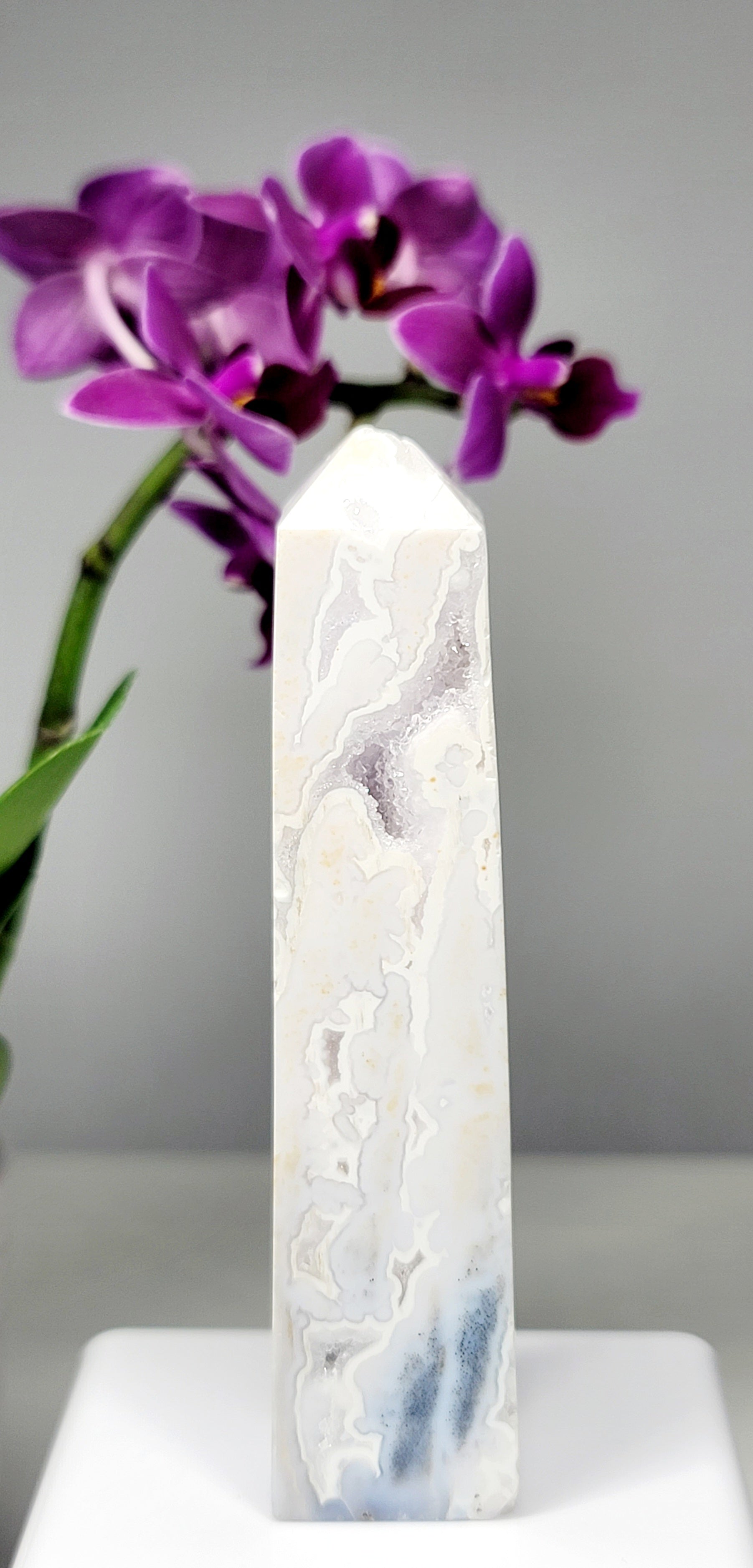 Dendritic Snow White Druzy Agate Tower