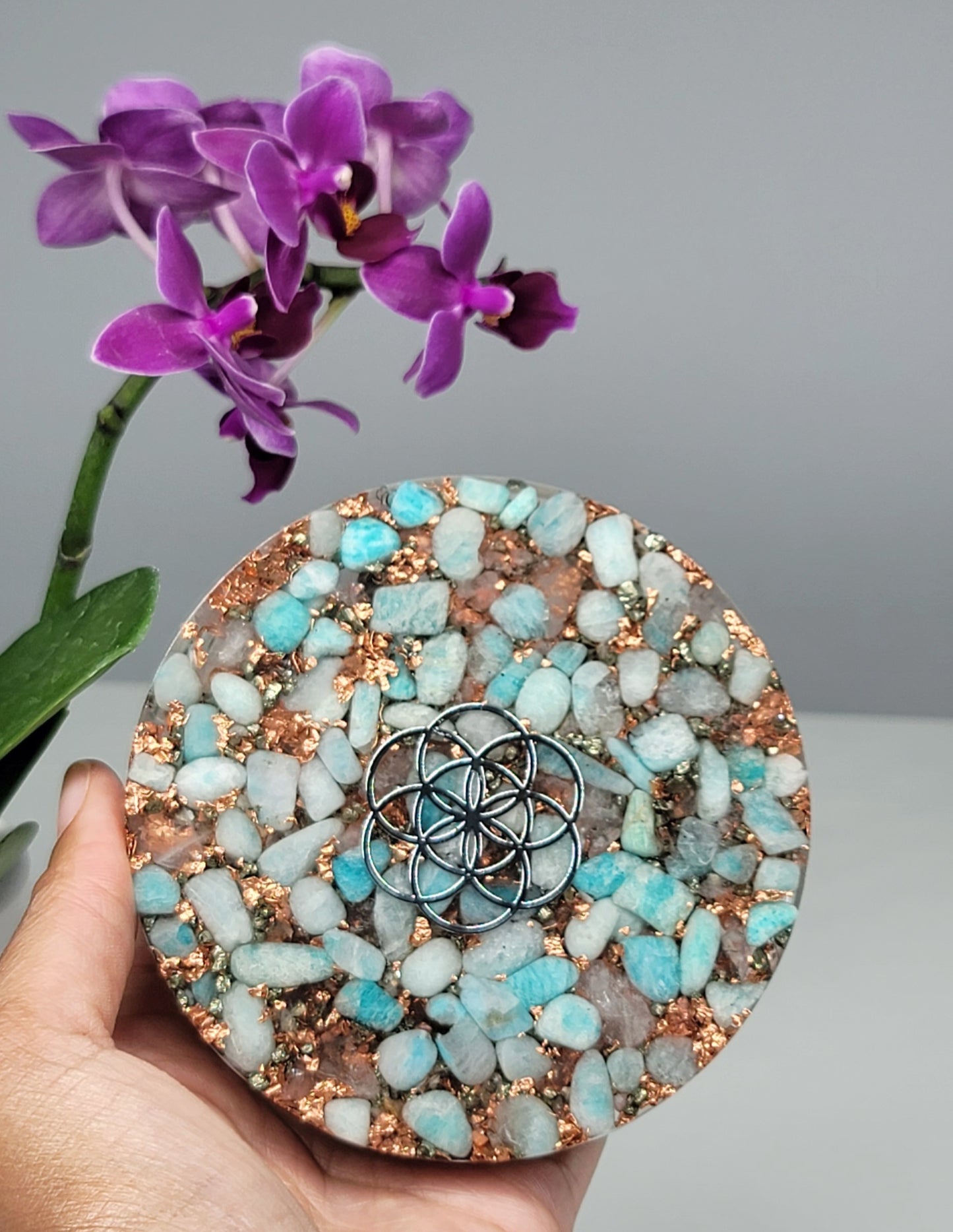 Amazonite Seed of Life Orgone Plate