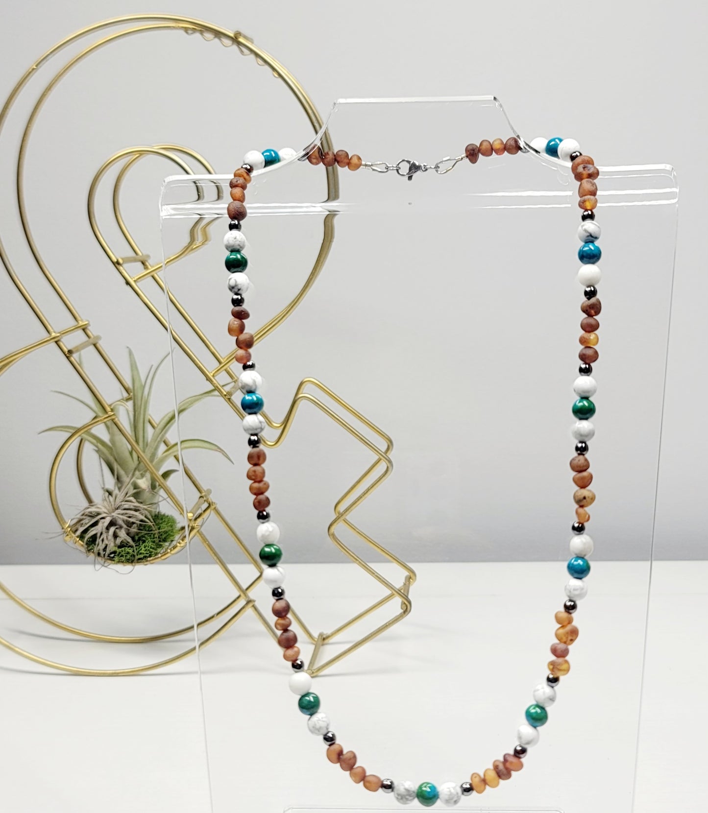  Baltic Amber, Howlite, Azurite (Dyed) & Hematite Necklace