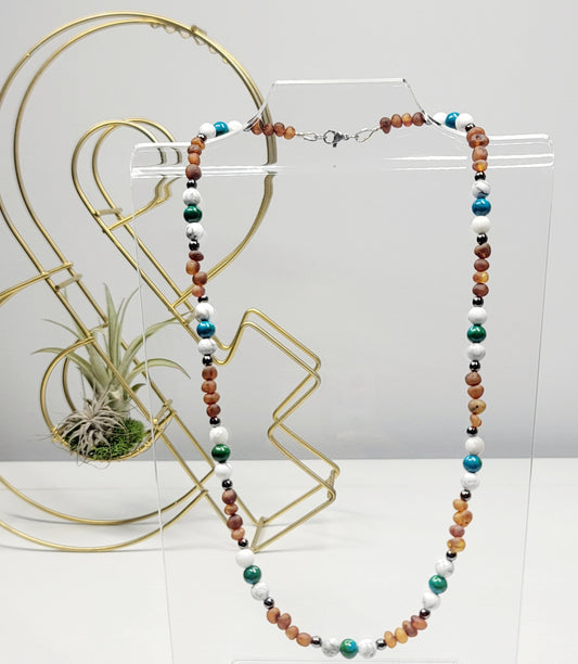  Baltic Amber, Howlite, Azurite (Dyed) & Hematite Necklace