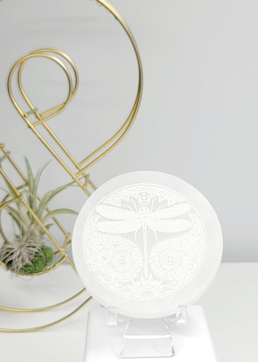 Laser Etched Dragonfly Selenite Plate 